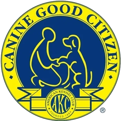 Yellow and blue logo of the Canine Good Citizen program by the American Kennel Club, featuring an abstract person shaking hands with a dog. Yellow and blue logo of the Canine Good Citizen program by the American Kennel Club, featuring an abstract person shaking hands with a dog.