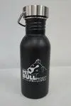 A black water bottle with the bull project logo on it.