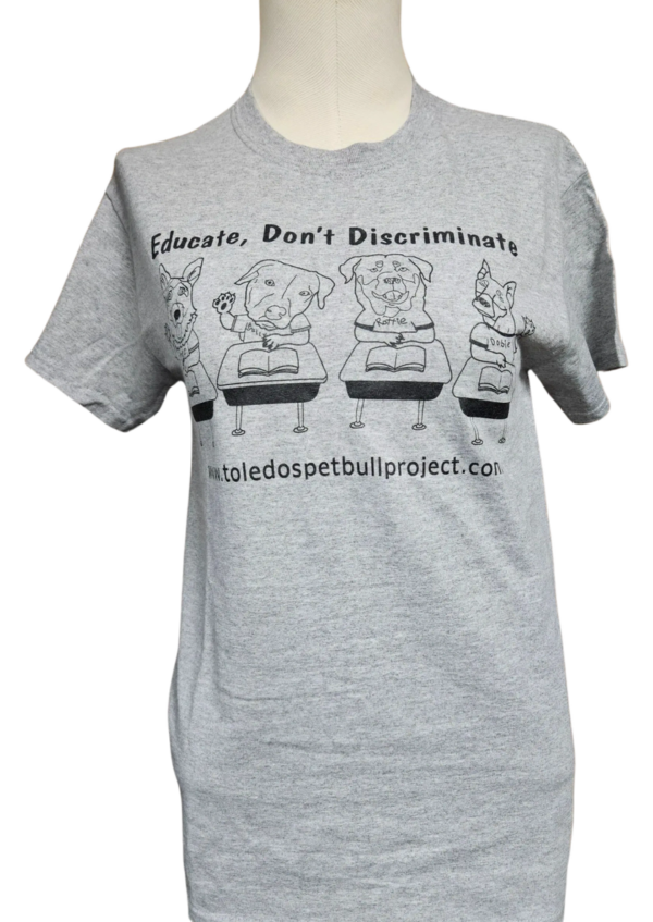 A gray t-shirt with three dogs sitting on top of tables.