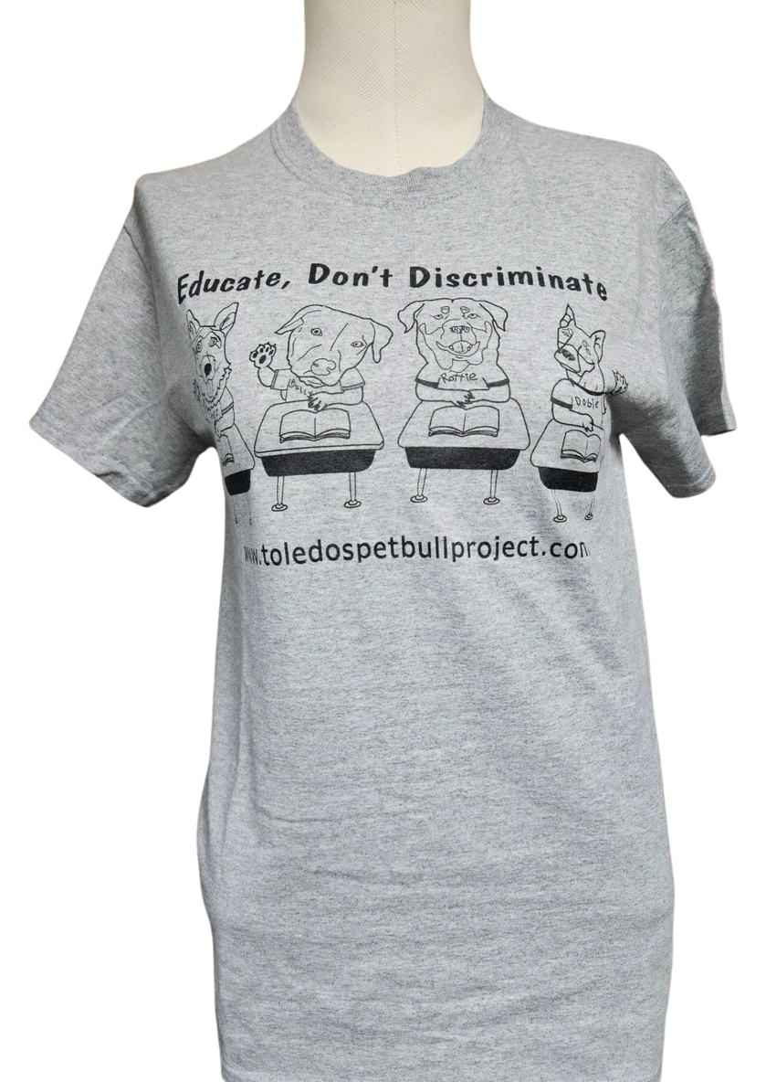 A gray t-shirt with three dogs sitting on top of tables.
