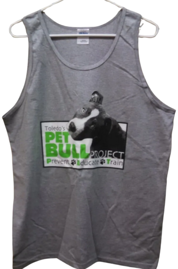 A gray tank top with a picture of a dog.