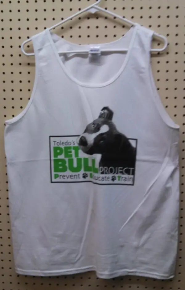 A white tank top with a picture of a dog.