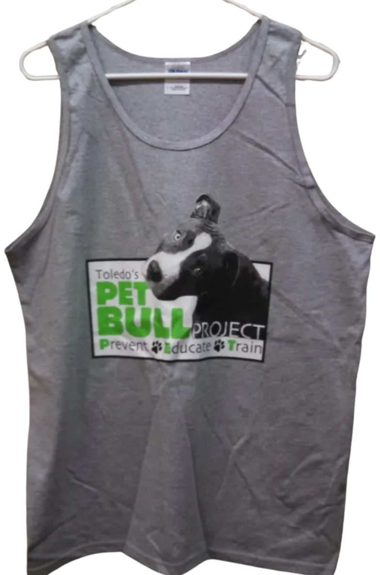 A gray tank top with a picture of a dog.