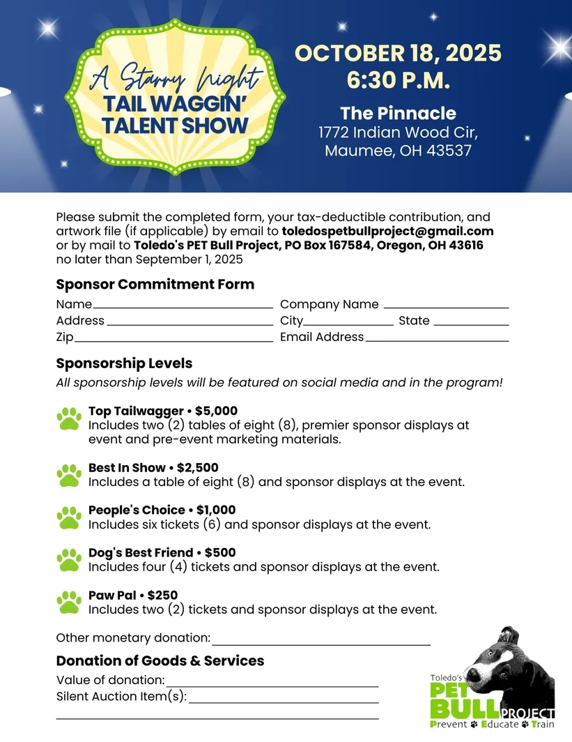 Join the "Starry Night Tail Waggin’ Talent Show" on Oct 18, 2025, at 6:30 p.m. in Maumee, OH. Featuring Starry Night Sponsorship levels and donation info. Contact Toledo's PET Bull Project for details.