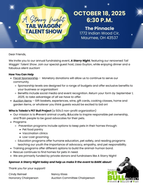 Join us for the "Starry Night" fundraising event on October 18, 2025, at The Pinnacle in Toledo, OH. Enjoy a talent show, guest speaker, auction, and dinner. Find sponsorship and donation details under Starry Night Sponsorship.