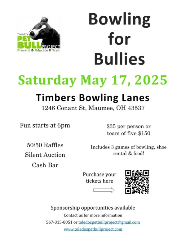 The "Bowling for Bullies" event flyer promotes a bowling fundraiser at Timbers Bowling Lanes, Maumee, OH on May 17, 2025. Enjoy games, shoe rental, food, raffles, and silent auction. Tickets: $35/person or $150/team.