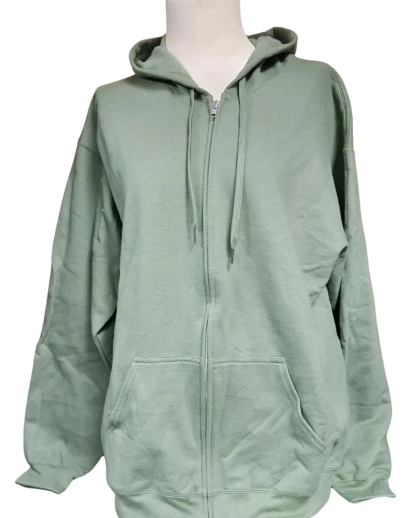 A person wearing a green hoodie with a white background